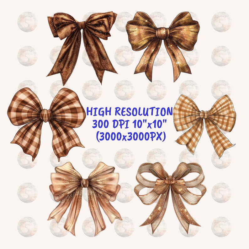 41 Beige Brown Watercolor Bow Png,  Cut Beige Brown Ribbon Bow Clipart, Gingham Bow Png, Decorative Bows Png , Girly Clipart, Commercial Use