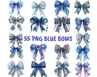 55 Watercolor Blue Bow Clipart, Gingham Ribbon PNG (Digital Download)