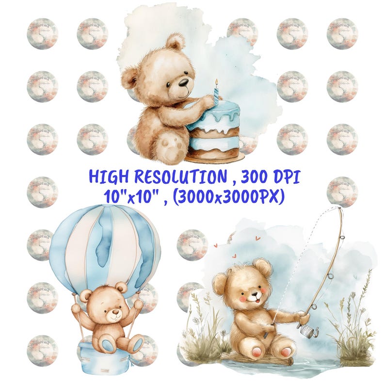 Watercolor Blue Teddy Bear Clipart, Baby Shower PNG (digital Download ...
