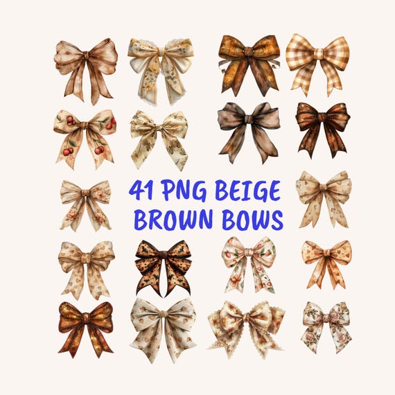 Watercolor Bow Clipart, Beige Brown Ribbon, Gingham Bows (PNG, Commercial Use)