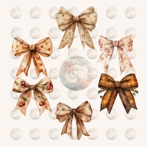 41 Beige Brown Watercolor Bow Png,  Cut Beige Brown Ribbon Bow Clipart, Gingham Bow Png, Decorative Bows Png , Girly Clipart, Commercial Use