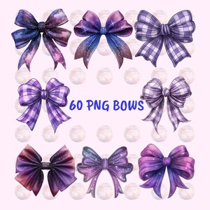 60 Cut Purple Gingham Bow Png,  Watercolor Ribbon Bows Clip Art, Gift Bow Clipart, Digital Coquette Girly Bow Clipart, Purple Ribbon Png