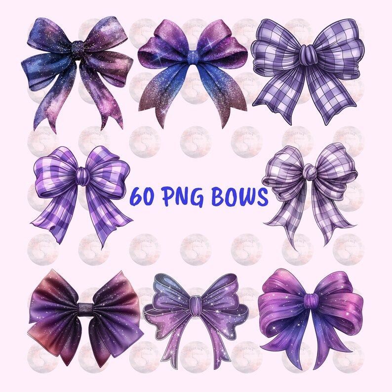 60 Cut Purple Gingham Bow Png,  Watercolor Ribbon Bows Clip Art, Gift Bow Clipart, Digital Coquette Girly Bow Clipart, Purple Ribbon Png