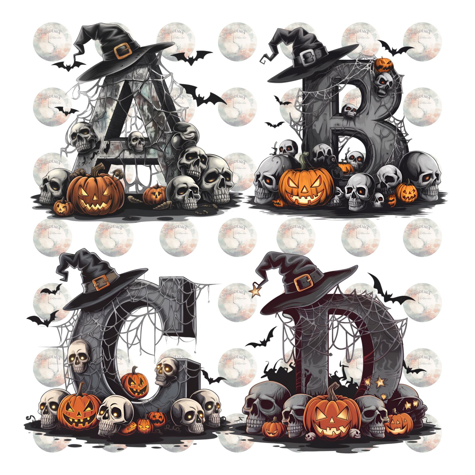 Spooky Halloween Alphabet & Numbers Clipart PNG, Watercolor Font ...