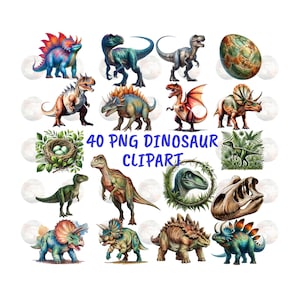 Paquete de imágenes prediseñadas de dinosaurios en acuarela, arte para habitaciones infantiles (40 PNG)