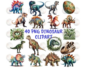 Watercolor Dinosaur Clipart Bundle, Nursery Art (40 PNG)