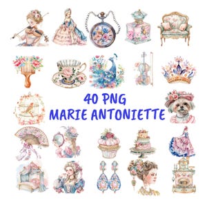 Ensemble de cliparts princesse Marie-Antoinette, Illustrations aquarelle Français vintage des années 1700, usage Commercial PNG, téléchargement immédiat, haute résolution