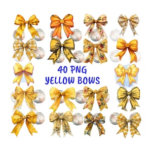 45 Watercolor Cute Ribbon Bows Clip Art, Cute Digital Yellow Bow Clipart, Pastel Yellow Ribbon Png, Girly Clipart, Coquette Gift Bow Clipart