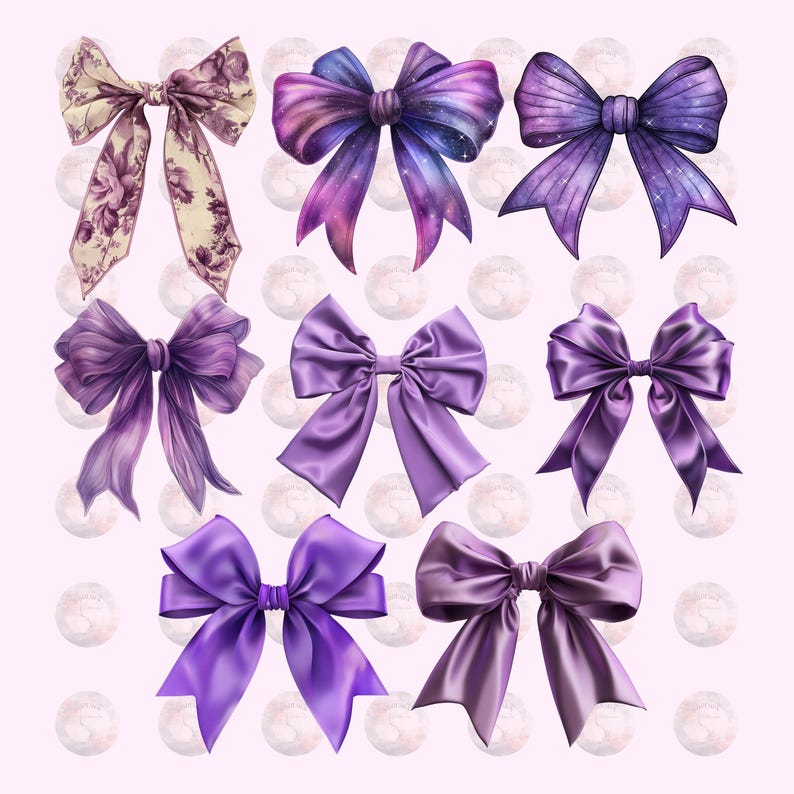 60 Cut Purple Gingham Bow Png,  Watercolor Ribbon Bows Clip Art, Gift Bow Clipart, Digital Coquette Girly Bow Clipart, Purple Ribbon Png