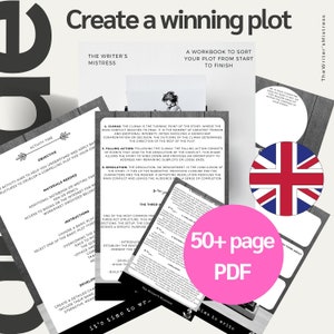 以下が含まれることがあります： ピンクと白のグラフィックで、「勝てるプロットを作る」と「The Writer's Mistress」という黒いテキストが書かれています。グラフィックには、イギリス国旗、タイプライター、そして「50ページ以上のPDF」というテキストも含まれています。