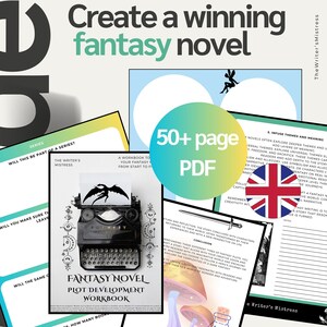 以下が含まれることがあります： 「ファンタジー小説プロット開発ワークブック」というタイトルのワークブック。ページには、ヴィンテージタイプライターとドラゴンのシルエットが描かれた白黒のイラストが掲載されています。このワークブックは、ファンタジー小説の執筆を支援するために設計されています。