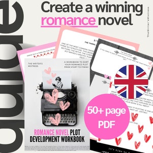 以下が含まれることがあります： ピンクと黒のデジタルダウンロードワークブック。表紙にはタイプライターとハートが描かれています。タイトルは「ロマンス小説プロット開発ワークブック」。ピンクの円の中に「50ページ以上のPDF」というテキストがあります。