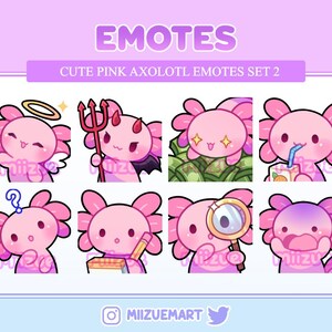 Könnte beinhalten: Ein Set aus acht rosa Axolotl-Emojis mit verschiedenen Ausdrücken. Die Emojis sind in einem Rasterformat mit weißem Hintergrund angeordnet. Die Emojis sind alle süß und haben große Augen. Die Emojis sind perfekt für die Verwendung auf Twitch, Discord oder anderen Online-Plattformen.