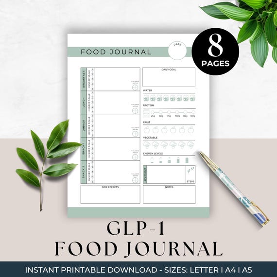 GLP-1 Daily Food Journal, Meal Log, GLP1 Side Effect Tracker, Weight Loss Eating Plan Tracker, Food Diary Printable, Protein Planner