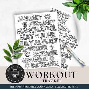 Könnte beinhalten: Druckbarer Workout-Tracker mit einem schwarz-weißen Design, das die Monate des Jahres mit dekorativen Elementen zeigt. Der Text "WORKOUT TRACKER" befindet sich am unteren Rand der Seite.  INSTANT DOWNLOAD ZUM DRUCKEN - FORMATE: BRIEF I A4