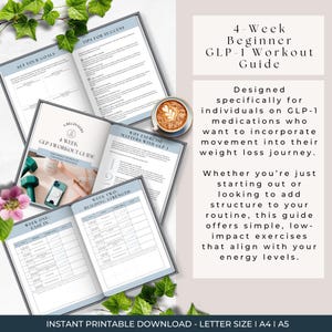 May include: A printable 4-week GLP-1 workout guide for beginners. The guide includes a table for each week with exercises to ease in and build strength. The guide is designed for individuals on GLP-1 medications who want to incorporate movement into their weight loss journey.