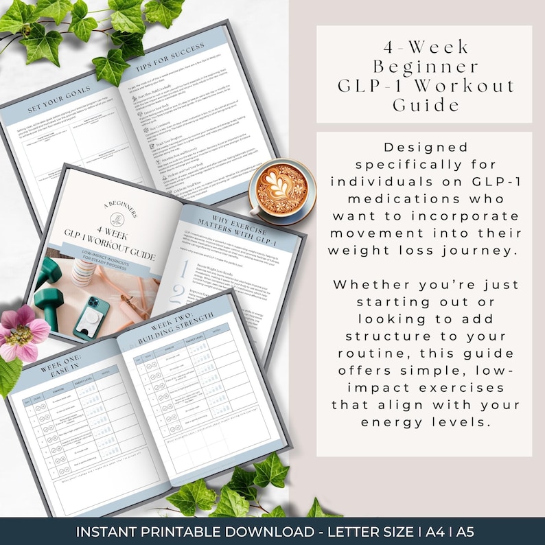 May include: A printable 4-week GLP-1 workout guide for beginners. The guide includes a table for each week with exercises to ease in and build strength. The guide is designed for individuals on GLP-1 medications who want to incorporate movement into their weight loss journey.
