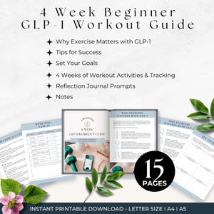 May include: A printable workout guide for beginners using GLP-1. The guide includes 4 weeks of workout activities, reflection journal prompts, and notes. The cover features a phone with a green dumbbell and a pink background.
