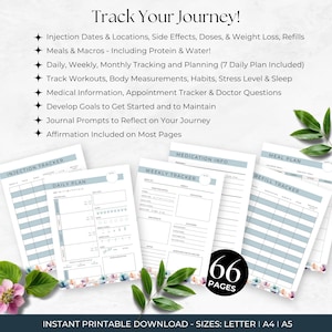 SemaGlutide Planner and Journal
66 Pages
Designed to Support Your Weight Loss Journey when using Semaglutide & Tirzepatide
Instant Printable Download
Sized Included: Letter, A4, A5
