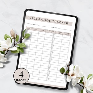K&ouml;nnte beinhalten: Ein druckbarer digitaler Tracker zur Verfolgung von Tirzepatide-Injektionen. Der Tracker enth&auml;lt Abschnitte f&uuml;r Datum, Dosis, Injektionsstelle, Gewichtsverlust und aktuelles Gewicht. Der Tracker ist f&uuml;r die Verwendung &uuml;ber 4 Wochen konzipiert.