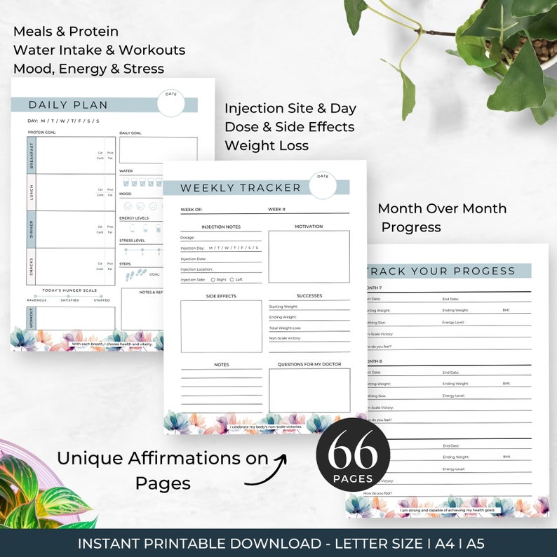 SemaGlutide Planner and Journal
66 Pages
Designed to Support Your Weight Loss Journey when using Semaglutide & Tirzepatide
Instant Printable Download
Sized Included: Letter, A4, A5