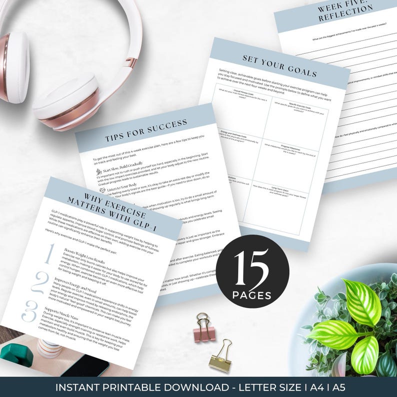 May include: A printable 15-page guide with tips for success and a section on why exercise matters with GLP-1. The guide features a blue and white color scheme with a light blue background and white text. The guide includes a section on setting goals and a section on reflection.