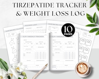 Könnte beinhalten: Ein druckbarer Gewichtsverlust-Tracker und -Protokoll mit dem Text "Tirzepatide Tracker & Weight Loss Log". Das Design umfasst Seiten zur Verfolgung von Gewicht, Wochenzielen und Nebenwirkungen. Das Bild zeigt auch eine Tasse Kaffee und einen Stift.