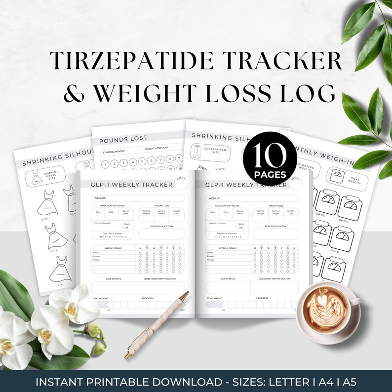 Tirzepatide Weekly Journal and Tracker
Tirzepatide Weight Loss Log
10 Pages
Kilos & Pounds Version
Instant Printable Download
Sizes Include: Letter, A4, and A5