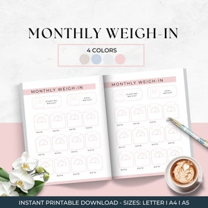 May include: Printable monthly weight tracker with a pink background. The tracker has a scale icon for each day of the month and spaces to write in the date and weight. The tracker also has spaces to write in the starting weight and goal weight.