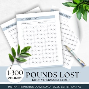 May include: Printable weight loss tracker with a blue and white design. The tracker features a grid of circles numbered 1 to 300, with the title "1-300 Pounds Lost - Kilos Versions Included".