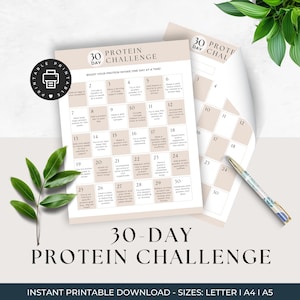 May include: A printable 30-day protein challenge chart with a beige background and black text. The chart is divided into 30 squares, each with a different protein-boosting challenge. The chart is titled "30-Day Protein Challenge" and includes the text "Boost your protein intake one day at a time."