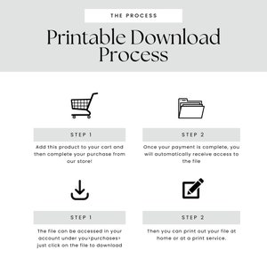 May include: A graphic illustrating the printable download process. The steps include adding a product to the cart, completing the purchase, accessing the file, and printing it. Text includes "Printable Download Process."
