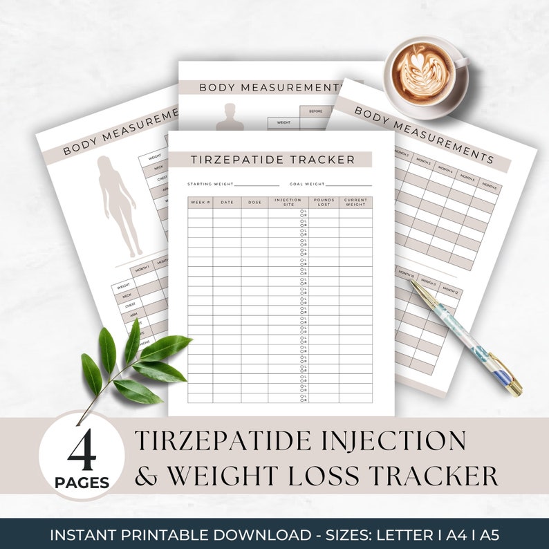 Simple Tirzepatide Injection and Weight Loss Tracker
4 Pages
Instant Printable Download
Sizes Include: Letter, A4, A5