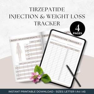 Simple Tirzepatide Injection and Weight Loss Tracker
4 Pages
Instant Printable Download
Sizes Include: Letter, A4, A5