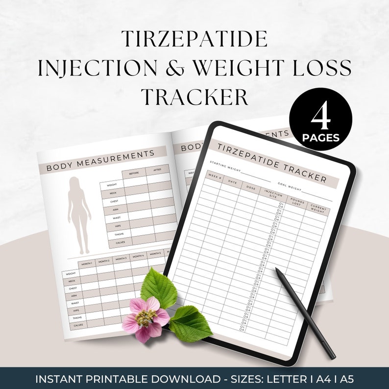 Simple Tirzepatide Injection and Weight Loss Tracker
4 Pages
Instant Printable Download
Sizes Include: Letter, A4, A5