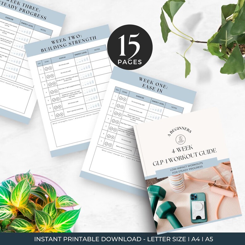 May include: A printable 4-week GLP-1 workout guide for beginners. The guide includes low-impact workouts for steady progress. The cover features a pink jump rope, a green dumbbell, and a smartphone with a white case.