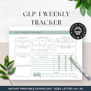 May include: A printable GLP-1 weekly tracker with sections for calendar info, injection day notes, weight loss, weekly goals, and non-scale victories. The tracker is designed to help people track their progress on GLP-1 medication.