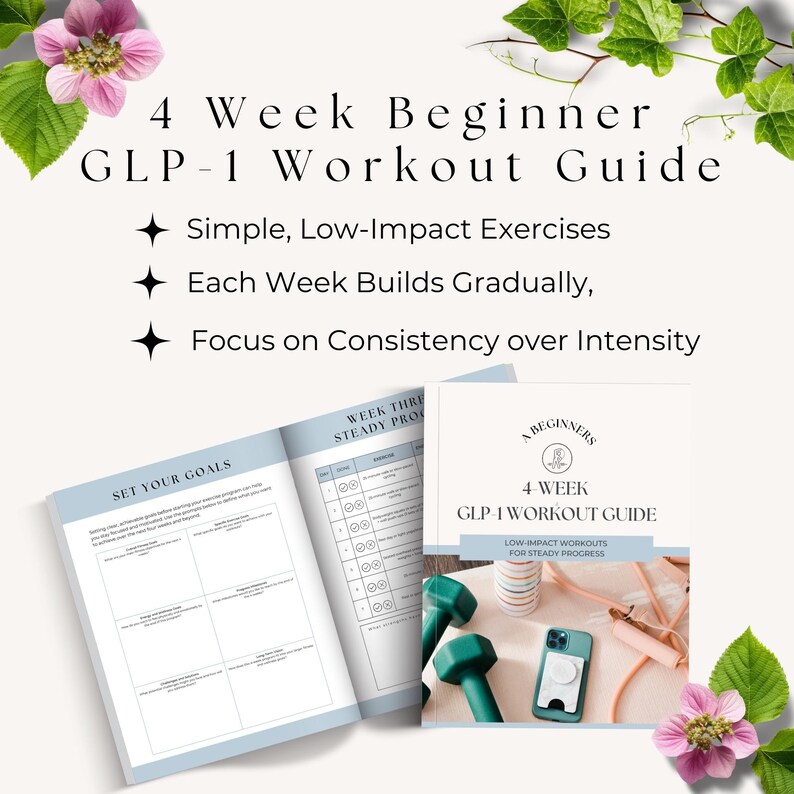 May include: A 4-week beginner GLP-1 workout guide with low-impact exercises for steady progress. The guide includes a section to set goals and a weekly workout tracker.