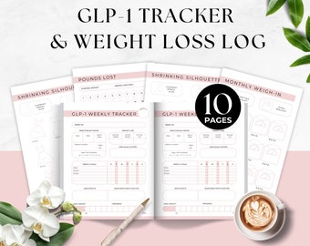 Könnte beinhalten: Druckbarer GLP-1-Tracker und Gewichtsverlust-Logbuch mit 10 Seiten. Die Seiten beinhalten Abschnitte zur Verfolgung von Gewicht, Injektionen, Nebenwirkungen und wöchentlichen Zielen. Die Seiten sind rosa und weiß mit einem minimalistischen Design.