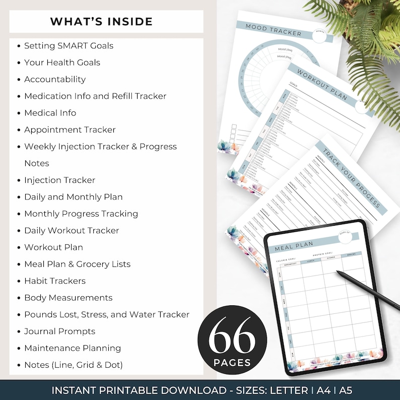 SemaGlutide Planner and Journal
66 Pages
Designed to Support Your Weight Loss Journey when using Semaglutide & Tirzepatide
Instant Printable Download
Sized Included: Letter, A4, A5