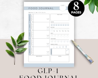 GLP-1 Daily Food Journal, Meal Log, GLP1 Side Effect Tracker, Weight Loss Eating Plan Tracker, Food Diary Printable, Protein Planner