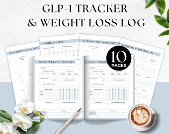 Könnte beinhalten: Druckbarer GLP-1-Tracker & Gewichtsverlust-Logbuch mit 10 Seiten. Der Tracker enthält Abschnitte für den wöchentlichen Gewichtsverlust, Notizen zum Injektionstag, wöchentliche Ziele, Nebenwirkungen, Fragen an Ihren Arzt, das Zielgewicht und den Fortschritt. Das Logbuch enthält Abschnitte für die monatliche Gewichtskontrolle, die aktuelle Hosenweite und das Gesamtgewicht.