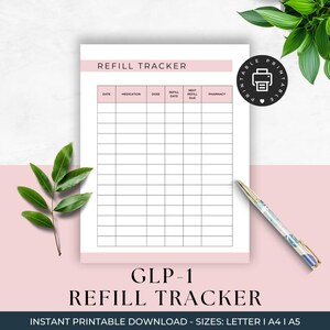 May include: Printable GLP-1 Refill Tracker with columns for date, medication, dose, refill date, next refill due, and pharmacy. The tracker is designed for easy organization and tracking of medication refills.