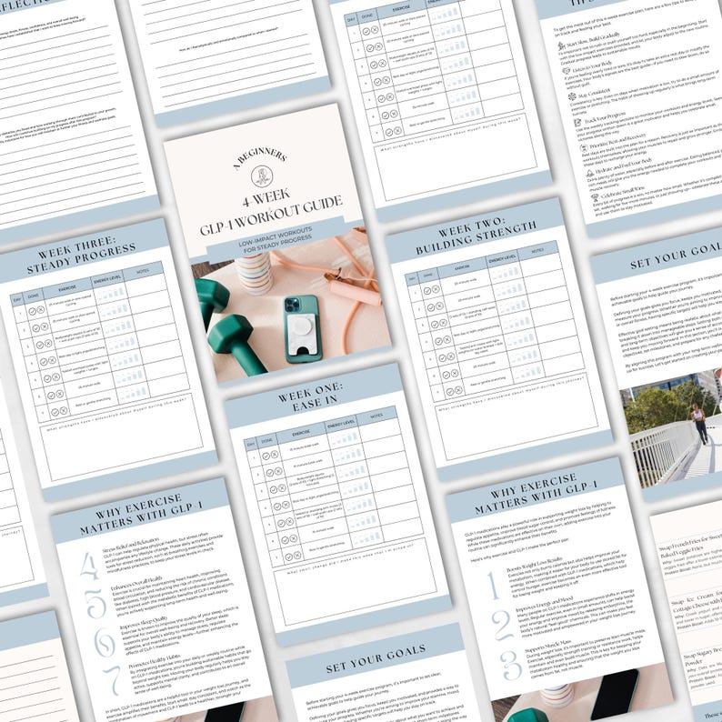 May include: A four-week workout guide for beginners with a focus on low-impact workouts for steady progress. The guide includes a schedule for each week, with sections for "Ease In", "Building Strength", and "Steady Progress". The guide also includes a section on why exercise matters with GLP-1.