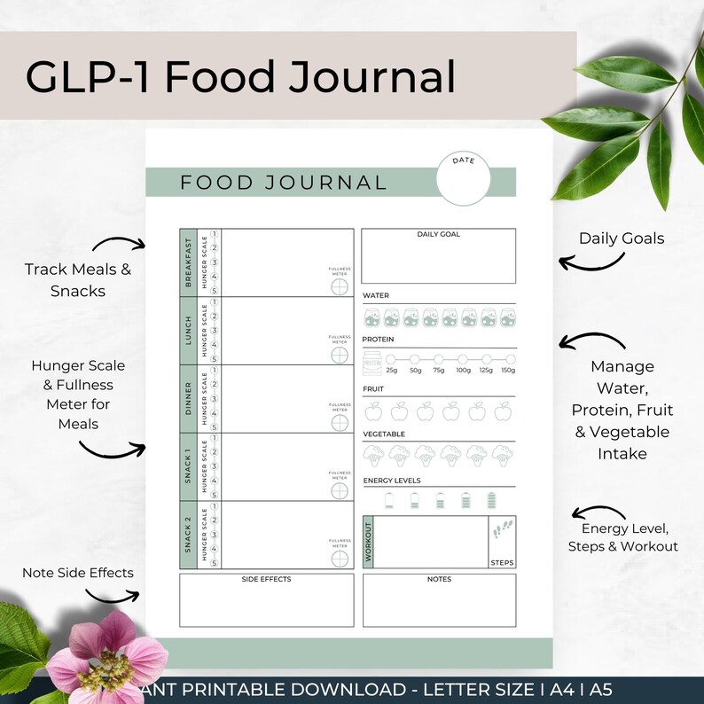 GLP-1 Daily Plan Food Journal or Diary
8 Pages
Instant Printable Download
Sizes Included: Letter, A4, A5