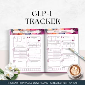May include: A printable GLP-1 tracker with a floral design. The tracker includes sections for daily injections, weekly goals, energy levels, side effects, and questions for your doctor.