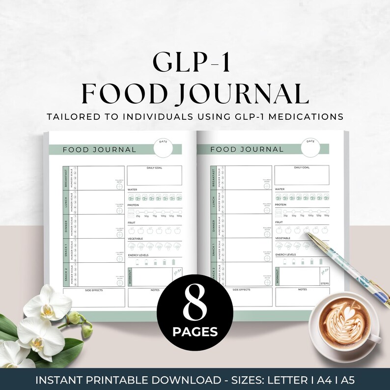 GLP-1 Daily Plan Food Journal or Diary
8 Pages
Instant Printable Download
Sizes Included: Letter, A4, A5