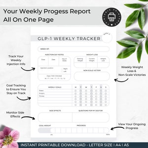 Tirzepatide Weekly Journal and Tracker
Tirzepatide Weight Loss Log
10 Pages
Kilos & Pounds Version
Instant Printable Download
Sizes Include: Letter, A4, and A5