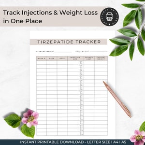 Simple Tirzepatide Injection and Weight Loss Tracker
4 Pages
Instant Printable Download
Sizes Include: Letter, A4, A5