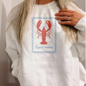 Embroidered Lobster French Coastal Coquette Shirt, Trendy Lobster Oversized Crewneck Seafood Lover Gift, Summer Fisherman Aesthetic Sweatshi